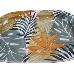 Acacia Home Serving Platter Tropical Leaf Large 17.25" Melamine Gray Black NEW